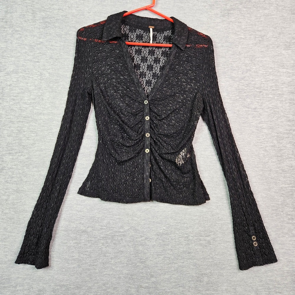 Free People Black Floral Lace Button Front Ruched Top Metallic Shimmer Sz S